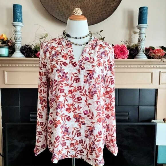 Adrianna Papell Floral Blouse Top M Multicolor V-Neck Long Sleeve Slipover - Picture 1 of 8